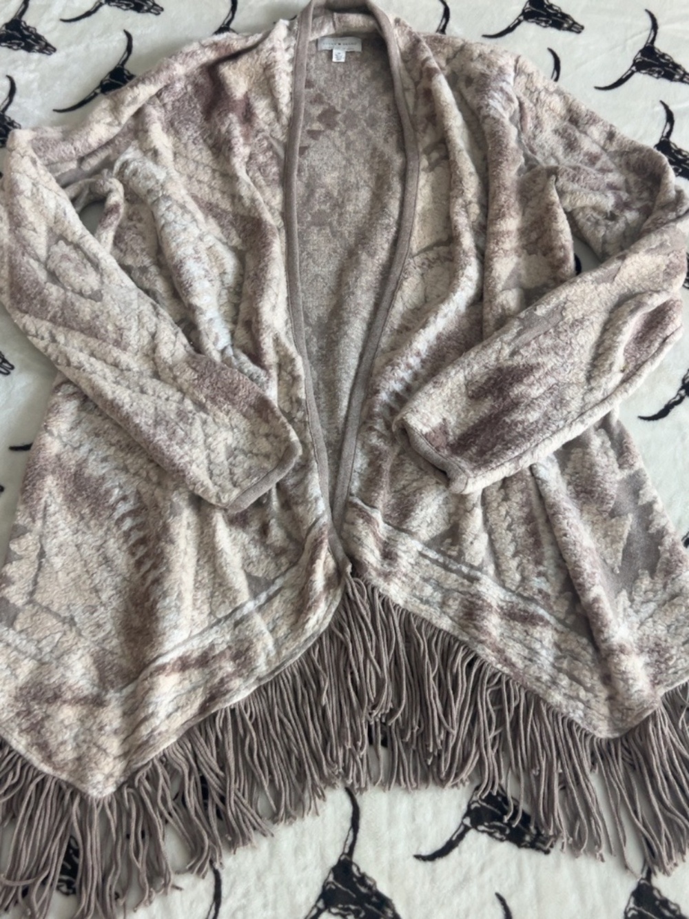 Lucky Brand Southwestern Fringe Open Front Cardigan Jacket Taupe M